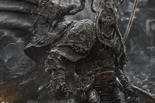 Prompt: HDR, professional, 8k, best version, masterpiece,faceless samurai with black armor black full face helmet black katana standing in the rain Dark art, giant hellish dragon, artstation, hyperdetailed intricately detailed , unreal engine, other wordly, intricate detail, dark colors, 8k, masterpiece, heavy strokes, doom eternal, standing