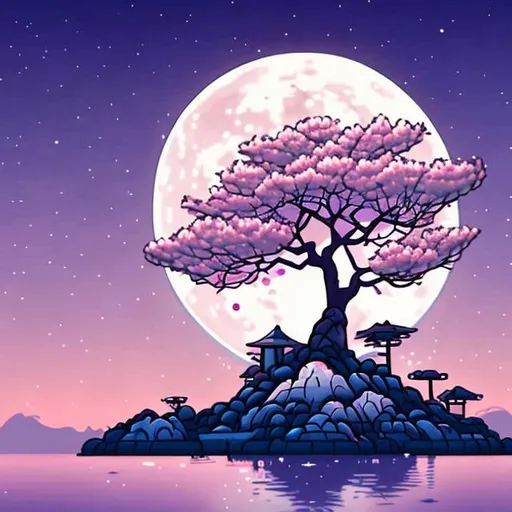 Prompt: Full moon behind Cherry blossom tree on floating island in the night sky cartoon sticker