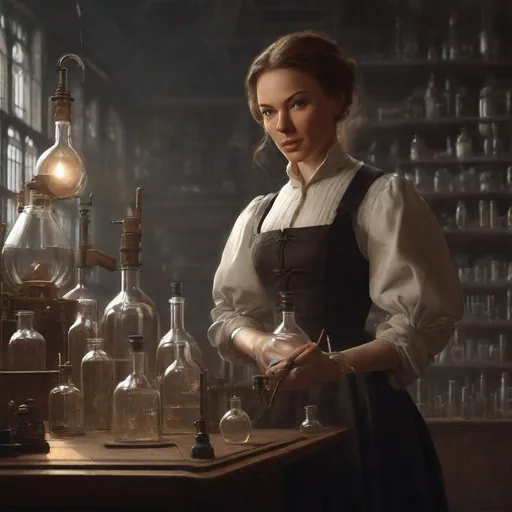 Prompt: Rebecca Ferguson, Chemistry lab setting, in the style of Adriaen van Ostade, victorian baroque fantasy sci-fi aesthetic, hyperrealism, visible face, beautifully lit, chiaoscuro, highly detailed, smooth, sharp focus, HQ, illustration, digital painting, artstation hq, behance hd, standing with face visible