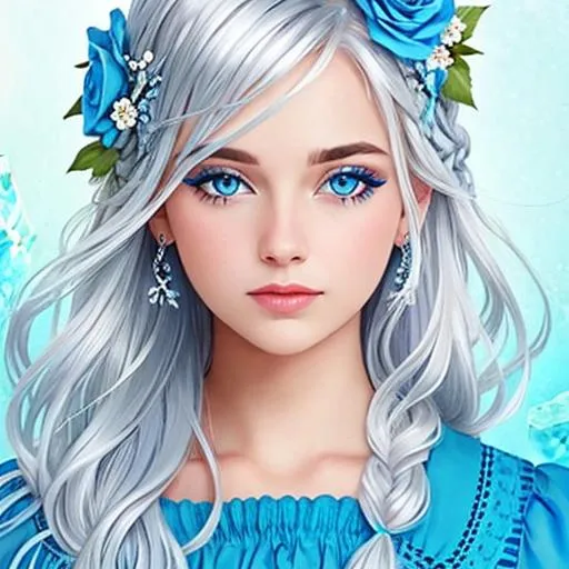 Prompt: Woman with thick silver hair, blue eyes, flowers in hair,ice blue color scheme