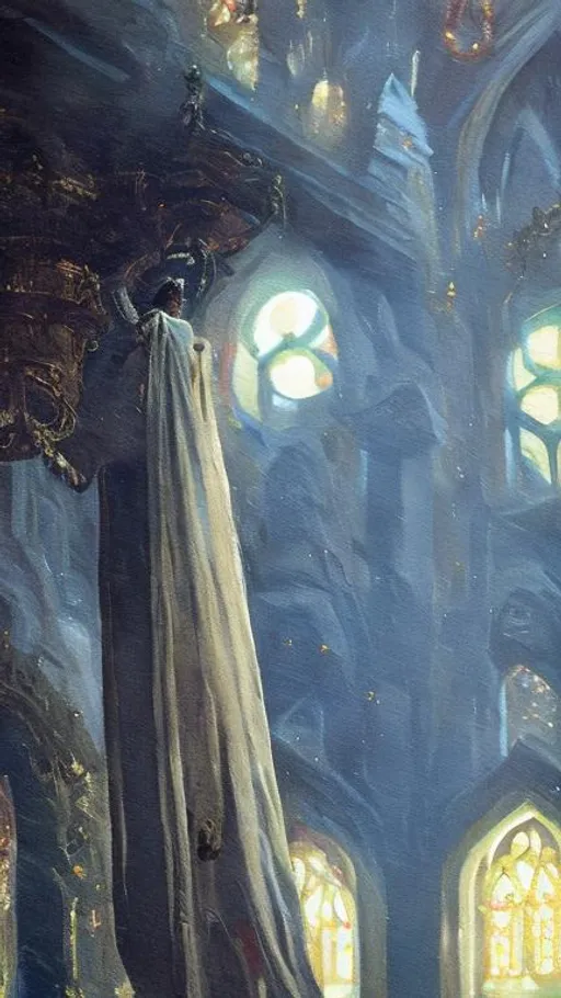 Prompt: oil painting, fantasy, full body illithid character, hd quality, wears a long black robe, lovecraftian horror, standing in a decerped church that is crumbling  