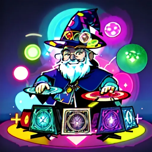 Prompt: Wizard, with a long gray beard, smiling, wearing bluish/purplish clothes, wearing a pointed wide-brimmed wizard hat, standing behind a set of turntables, scratching record with one hand, surrounded by colorful lights, surrounded by abstract lifeforms, detailed, vivid colors, dramatic, graphic novel illustration, 2d shaded retro comic book