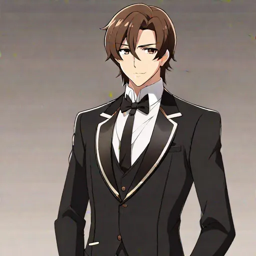 Prompt: Caleb (brown hair) (brown eyes) wearing a black tuxedo, full body, anime style