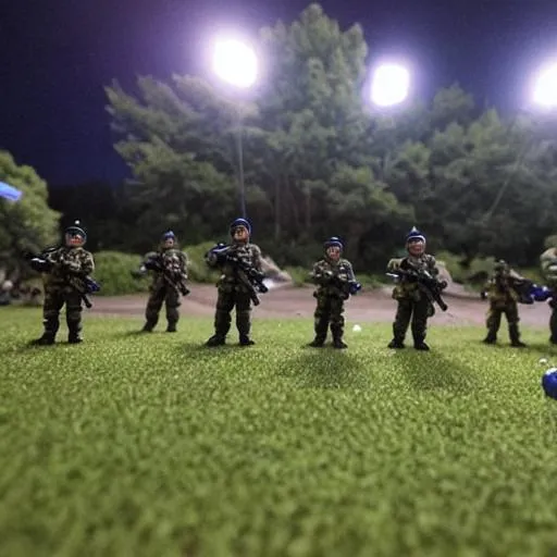 Prompt: 
A group of toy soldiers plan their invasion against a group of human soldiers in a dimly lit warzone. The toys' eyes have a menacing glow as they take aim with their plastic weapons. Toy airplanes fly overhead, dropping toy bombs on makeshift forts. In the distance, a teddy bear with a red beret leads a group of stuffed animals into battle, determined to rid the world of their human oppressors. The scene is captured on a shoddy camera, adding to the feeling that this is found footage of something truly terrifying. ((In the style of a horror movie)) ((dark and gritty)) ((low resolution)) ((handheld camera))