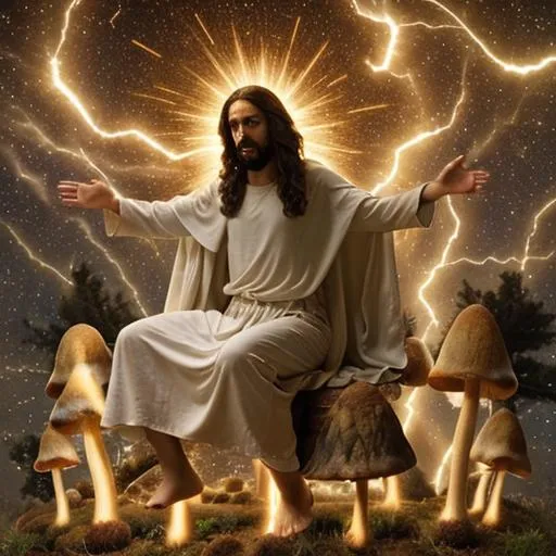 Prompt: jesus tripping on shrooms at the speed of light by a reinassance master