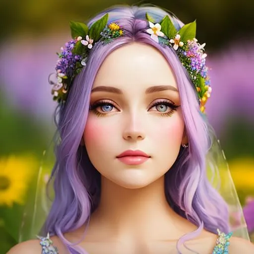 Prompt: a fairy goddess , pastel colors, wildflowers,facial closeup
