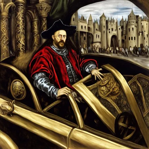 Prompt: Medieval merchant driving a sportscar, dressed in velvet and brocate, oil painting, 16th century, realistic, in the style of El Greco