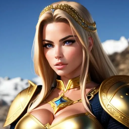 Prompt: female beautiful medieval warrior golden armour without chest, uncensored, explicit, fix face, strong sofia vergara features, hyperrealist, fix eyes, fix mouth, fix nose