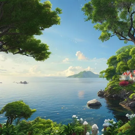 Prompt:  a stunning view of an island with a house perched on top. The sky is bright blue and filled with white, fluffy clouds that are illuminated by the sun's rays. In the foreground, there is a body of water that has small ripples in it and reflects the light from above. On the right side of the image, there is a tree with lush green leaves that stands tall against the backdrop of nature. The house itself has a red roof which stands out against its natural surroundings.

The scene looks peaceful and serene as if time had stopped still for this moment to be captured forever in this photograph. It almost feels like you can hear birds chirping in harmony while they fly around in search for food or just enjoying their freedom up high in the sky. This picture captures all elements of nature perfectly - from land to sea to air - making it an idea