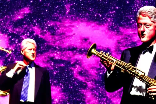 Prompt: (Bill Clinton) playing the (saxophone) and dancing trippy cool aesthetic vaporwave wallpaper from 1992 with a galaxy background