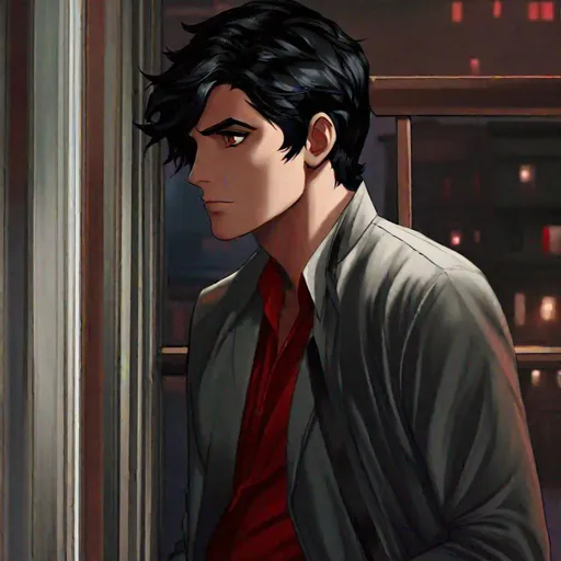 Prompt: Damien (male, short black hair, red eyes) staring out the window, stalking, sadistic look on his face