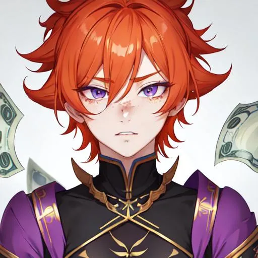 Prompt: Erikku male (short ginger hair, freckles, right eye blue left eye purple) muscular, UHD, 8K, Highly detailed, insane detail, best quality, high quality.  holding dollar bills, wearing clothes