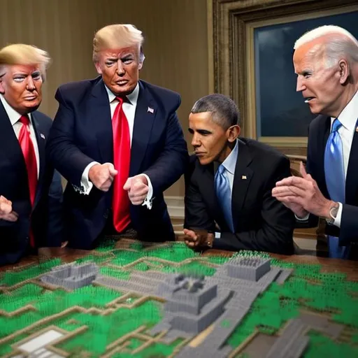 Prompt: Donald trump, joe biden ,and barack obama playing minecraft