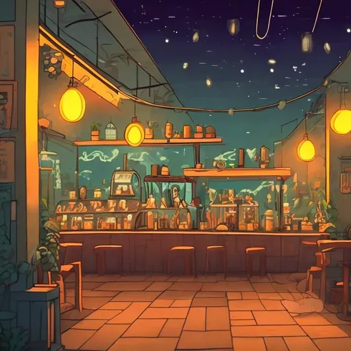 Prompt: Cozy lofi cafe background night 
scene