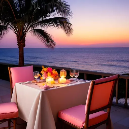 Prompt: Picture a lovely, enchanting evening by the ocean. A gentle breeze sways the palm trees, and the setting sun paints the sky with beautiful shades of pink and orange. On a secluded, softly lit beach, a man and a woman sit at a beautifully set table for two. The table is adorned with elegant tableware and a bouquet of fragrant roses. They are both dressed stylishly, with the man in a well-fitted suit and the woman in a flowing, elegant dress.



Illustrate this moment in a highly detailed digital painting. Pay attention to capturing the expressions of joy and affection on the faces of the couple, as well as the interplay of light and shadow in this picturesque beachside setting. The image should convey the timeless beauty of love and the enchantment of a perfect date night.