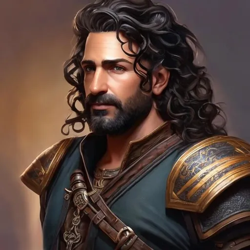 Prompt: realistic painting, fantasy character art, 40-year-old male, dark-skinned, hair is short on sides and longer on top, wavy black hair, short beard, necromancer, black-armor