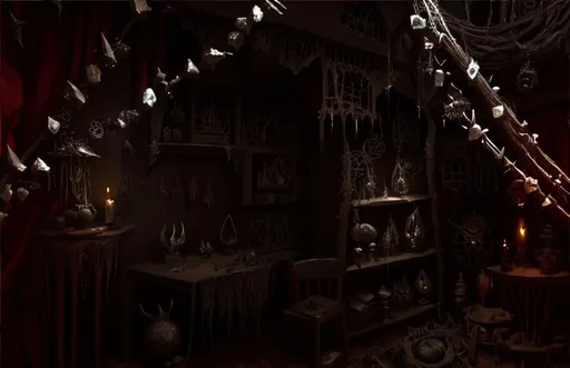 Prompt: highly detailed, inside witch house occult, rocks and teeth in strings haning from ceiling , thorns, crystals, art, concept art, 