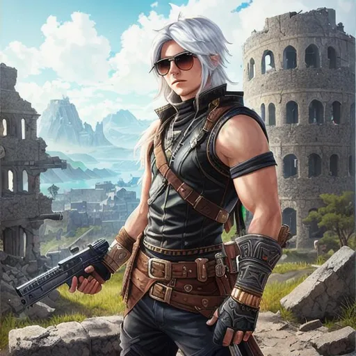 Prompt: full height portrait of Ragnarok Mobile gunslinger class with white anime hair, wearing round sunglasses, smoking a cigarette on a post apocalyptic ruins background perfect composition, hyperrealistic, super detailed, 8k, high quality, trending art, trending on artstation, sharp focus, intricate details, highly detailed by Emerson Tung
