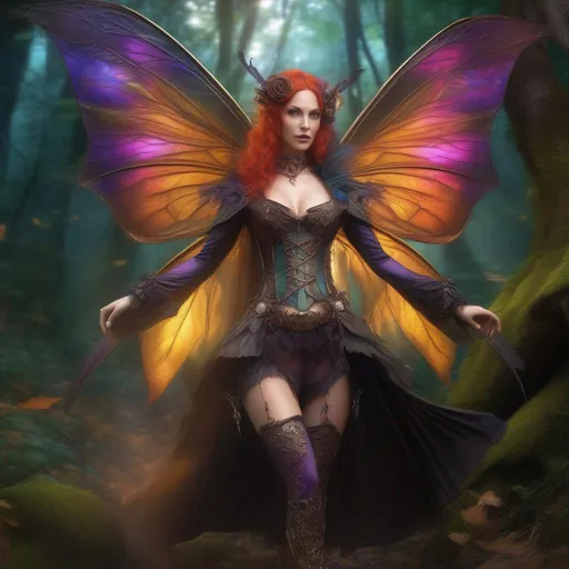 Prompt: (Epic). Cinematic. Shes a (colorful), Steam Punk, gothic, witch. (spectacular), Winged fairy, with a skimpy, ((colorful)), gossamer, flowing outfit, standing in a forest by a village. ((Wide angle)). Detailed Illustration. 8k.  Full body in shot. Hyper real painting. Photo real. A ((beautiful)), shapely, woman with, ((anatomically real hands)), and ((vivid)) colorful, ((bright)) eyes. A ((pristine)) Halloween night. (Concept style art). 