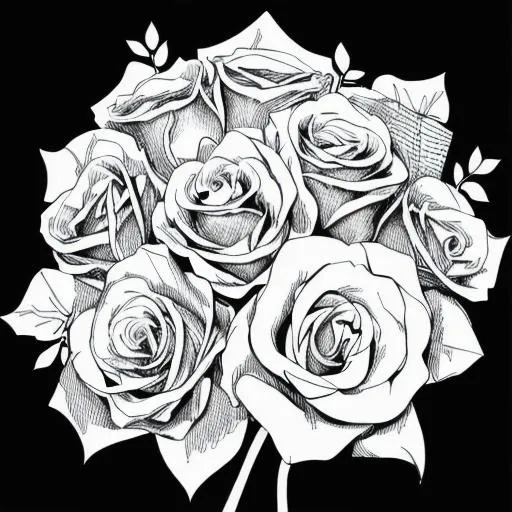 Black and white coloring page of a bouquet of roses