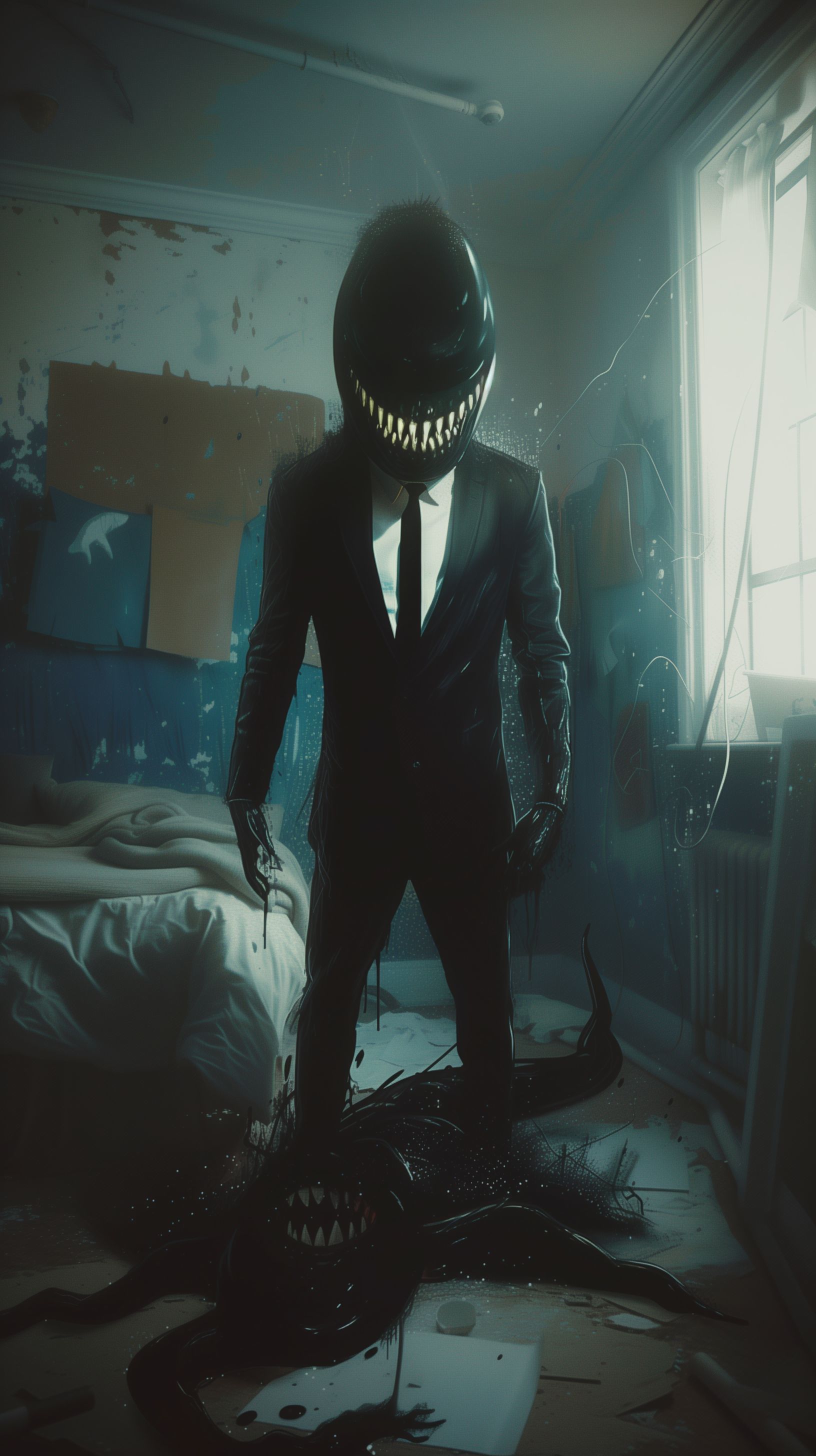 Prompt: realistic, faded half into reality, shadow people, well dressed in dark black suit and black tie, large sharp white shark teeth in a long smile from ear to ear, long black limbs and fingers, bright large glowing eyes, black smokey entity, haunting, crawling over the bed in a messy bedroom in the dark, --ar 9:16 --v 6.0