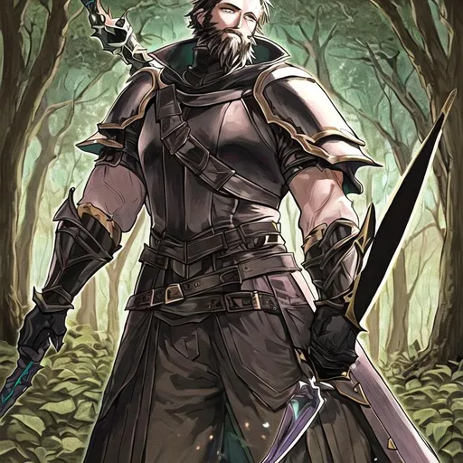 Prompt: male human knight, short Black Hair, armer, in the Woods, D&D, short beard, holding a sord, black clock