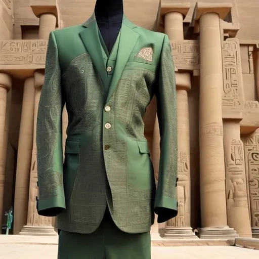 Prompt:  Agreen men's suit with a modern black button, drawn from the ancient Egyptian civilization, with pharaonic inscriptions on it