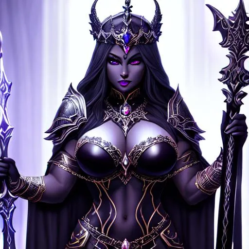 Prompt: Woman, dark elf, drow, stunning, gorgeous, thick, muscular, strong, fit, queen, dark, paladin, wearing a dark armor, holding a dark sword in hand, fantasy, UHD, 8k, high quality, ultra quality, perfect composition, trending art, trending on artstation, sharp focus, studio photo, intricate details, cinematic lighting, special effects, hyper realism, hyper realistic, Very detailed, high detailed face, high detailed eyes, oil painting, full body, portrait