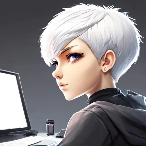 Prompt: hacker girl with short white hair at the computer 