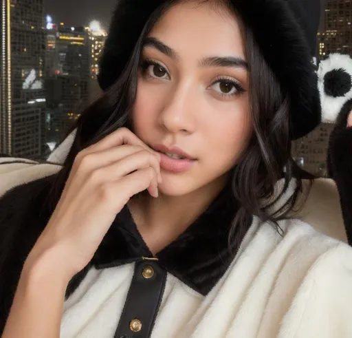 Prompt: beautiful girl, silky black hair, brown eyes, very detailed, cinematic, wearing black top, furry hat