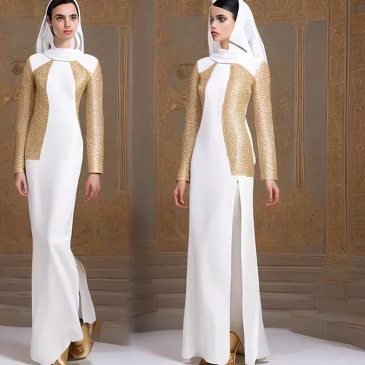 Prompt: Plain white pharaonic women's dress with long sleeves and golden cuffs, with a modern cut