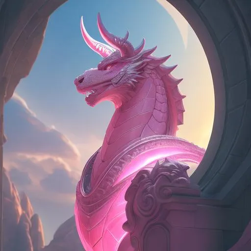 Prompt: CINMATIC FUTURISTIC portait FACE of a pinkish canine medieval dragon, STONE STATUE POSE, The overall aesthetic of the SCENE IS stylish and elegant, with a nod to vaporwave coloration and themes. 16K HDR