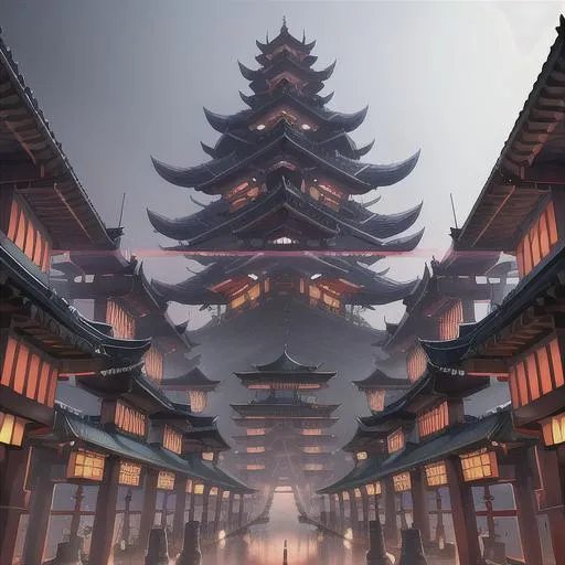 Prompt: ultra detailed cyberpunk hybrid japanese and mystic hindu city, digital painting, ultra fine details, intricate scene, correct, surreal, sci-fi, utopian, concept art, UHD, epic perspective, 12k