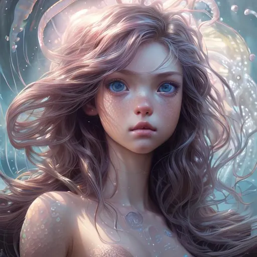 Prompt: Closeup face portrait of a {mermaid }, smooth soft skin, big dreamy eyes, beautiful intricate colored hair, symmetrical, anime wide eyes, soft lighting, detailed face, by makoto shinkai, stanley artgerm lau, wlop, rossdraws, concept art, digital painting, looking at jellyfish 