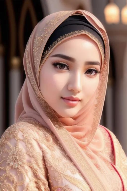 Prompt: Beautiful and sweet girl, hyper detailed perfect face, beautiful kpop idol, full body, long legs, perfect body, high-resolution perfect face, perfect proportions, intricate hyperdetailed hair, no makeup, wear hijab outfit, peach lipstick, mosque background, highly detailed, intricate hyperdetailed shining eyes, ethereal, graceful, HDR, UHD, high res, 64k, cinematic lighting, special effects, 
