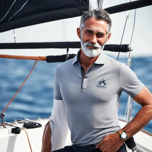 Prompt: A confident, fit, 45 year old, thin haired, grey bearded sailor looking magical and handsome wearing a black polo shirt while pulling the anchor on a sailboat



