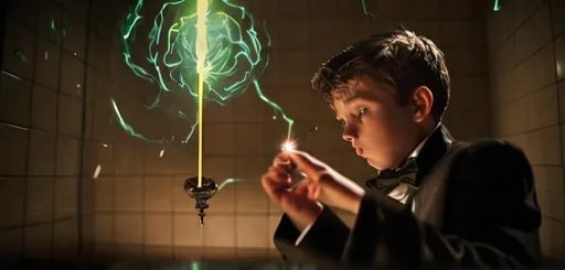 Prompt: 13 year old boy in a tuxedo casting a crazy magic spell from the outside of a bathroom stall with his magic wand, but the spell he cast happens on the inside of the bathroom stall because he cast the spell on the person inside who was warring a T shirt 
