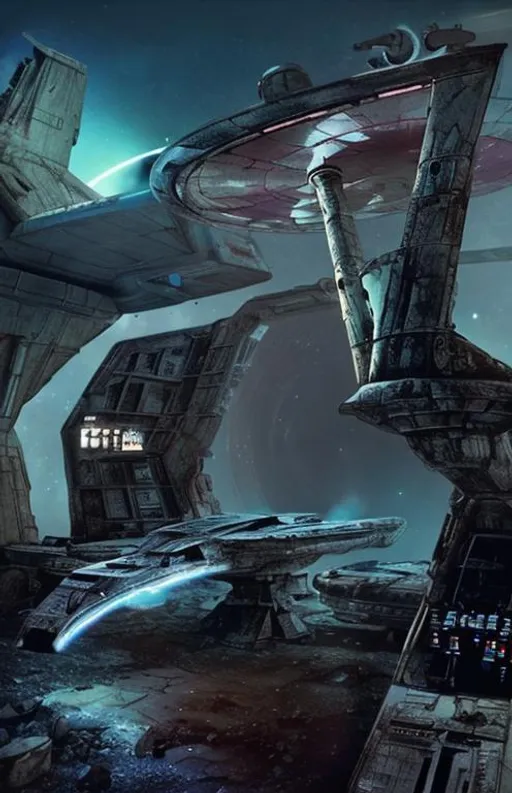 Prompt: derelict spaceship wreck  Ancient ,lasers zombies star trek