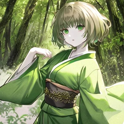 Prompt: Pale green kimono, soft fluffy short brown hair, female, emerald green eyes, 8k, woman, young, forest background