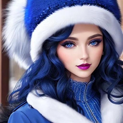 Prompt: Lady all in blue, Long  very curly hair, sapphire blue eyes, face front, blue fashion, fur hat and coat, pretty makeup, blue eyeshadow, dark pink lipstick