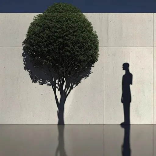 Prompt: I want to convey the idea that the shadow is a direct reflection of the tree, so he showed me a tall tree, with a shadow that is as tall as the trees on a clear wall. make it more real