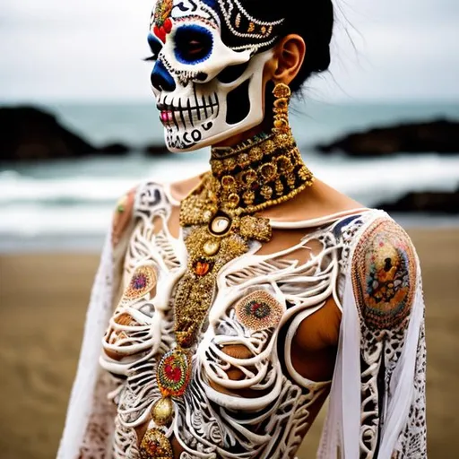 Prompt: skeleton, Wearing a Festival Robe {dias de los Muertos}, glass beach,