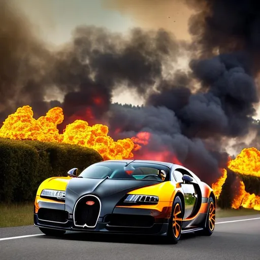 Prompt: Bugatti speeding through landscape on fire