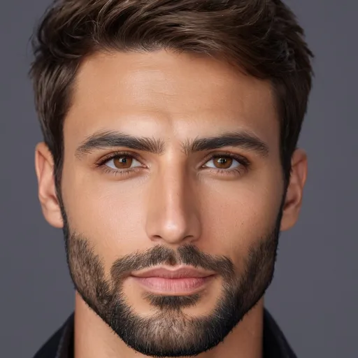 Prompt: Composite face of a 30-year-old man, hyper-realistic, photorealistic, Well-Defined Brow Ridge, deep-set hazel eyes, strong chiseled jawline and chin, short wavy hair with short full beard, high cheekbones, symmetrical, subtle contour nose, defined nostrils, defined lips, tanned complexion, high quality, photorealism, detailed features, realistic, symmetrical, hazel eyes, chiseled jawline, wavy hair, full beard, high cheekbones, detailed nose, photorealistic lighting