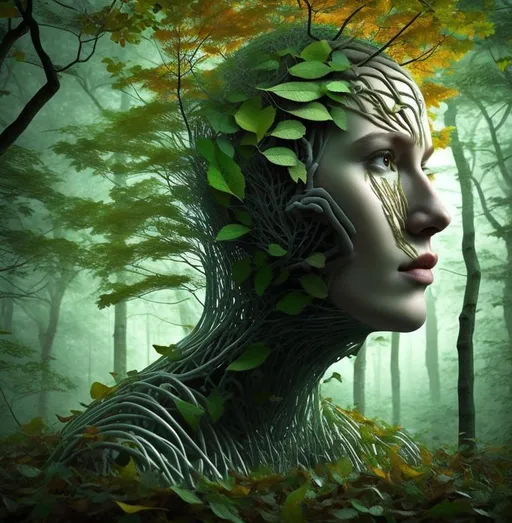 A beautiful human head rising from leaves in a fores... | OpenArt