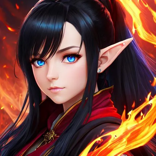 Prompt: "Full body, oil painting, fantasy, anime portrait of a young hobbit woman with flowing ash black hair in a ponytail and dark blue eyes, short elf ears | Elemental fire sorceress wearing intricate fiery red wizard robes casting a flame spell, #3238, UHD, hd , 8k eyes, detailed face, big anime dreamy eyes, 8k eyes, intricate details, insanely detailed, masterpiece, cinematic lighting, 8k, complementary colors, golden ratio, octane render, volumetric lighting, unreal 5, artwork, concept art, cover, top model, light on hair colorful glamourous hyperdetailed medieval city background, intricate hyperdetailed breathtaking colorful glamorous scenic view landscape, ultra-fine details, hyper-focused, deep colors, dramatic lighting, ambient lighting god rays, flowers, garden | by sakimi chan, artgerm, wlop, pixiv, tumblr, instagram, deviantart