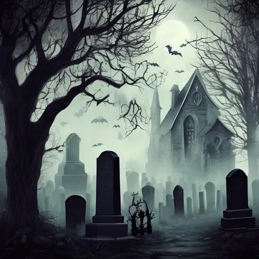 Prompt: busty, witch, Halloween, cemetery, ghosts, illustration, eerie, foggy, bats, tombstones, hills, bats, bones, bare tree, pumpkins

