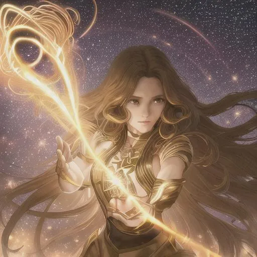 Prompt: A woman with long brown hair running on a path of light surrounded by stars with a golden glow around her, high quality, photo realistic hands and face, fantasy, surreal, science fiction, beautiful, hyper detailed, colorful