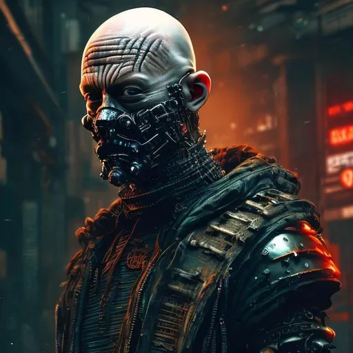 Prompt: bald man with a ginger beard. 30yrs old. English. Futuristic Shogun styled armour and mask. cyber enhancements. Scars, tattoos and piercings. Roses, Ferns and mushrooms. Dark and edgy with neon accents. Cyberpunk style. Raw. Gritty. Dirty.