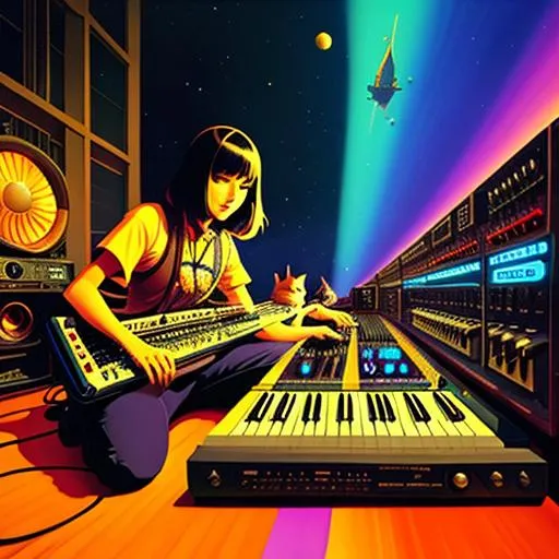 Prompt: a psychedelic illustration painting of a cat playing a synth in the style of Jon Foster, Josan Gonzalez, Angus McBride, Beeple, James Jean, Ross Tran, Fenghua Zhong, Hasui Kwase, Gong Xian, Peter Mohrbache, James Ryman, Shigeto Koyama, Yintion J-Jiang Geping, Anna Dittman, Ilya Kuvshinov, Keith Parkinson, Wlop, Moebius, Kilian Eng, Daniel Merriam, Sangsoo Jeong, Otomo Katsuhiro, Yukito Kishiro, Justin Sun, Kanō Hōgai, Bryan Sola, Jinsung Lim, Li Shida, Song Maojin's, Fenghua Zhong, John Stephens, fractal landscape, detailed painting, DeviantArt, fantasy art, by Victor Ngai, and Yun Ling, masterpiece, wide-angle fantasy art, film still, panoramic anamorphic, necrosis, featuring benevolence, detailed painting, mostly blues, greens and purples